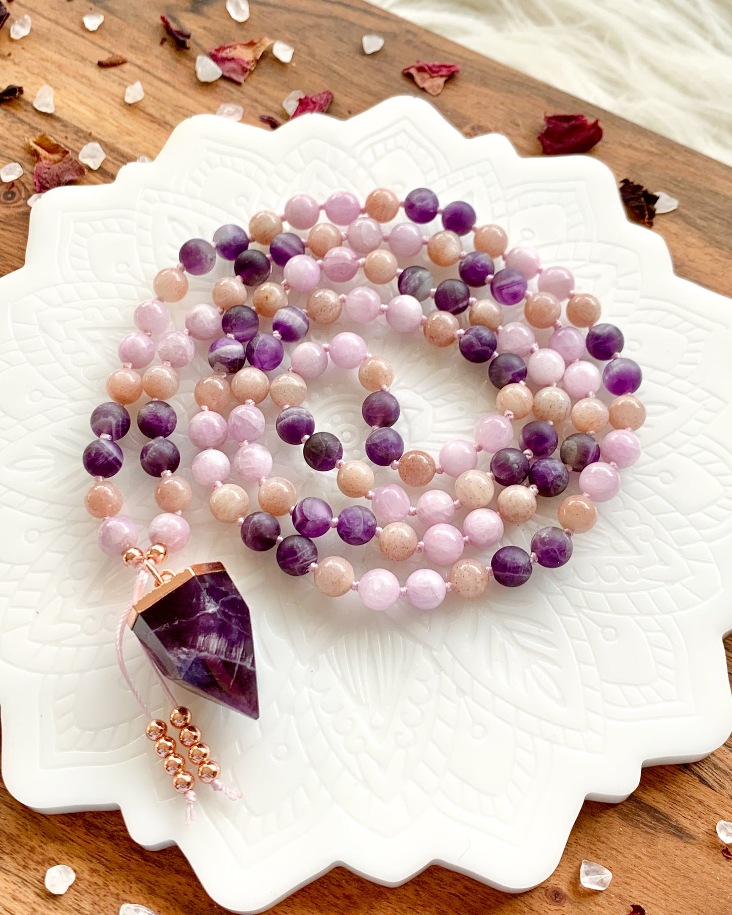 DESERT ROSE Mala Necklace | Amethyst, Kunzite + Peach Moonstone