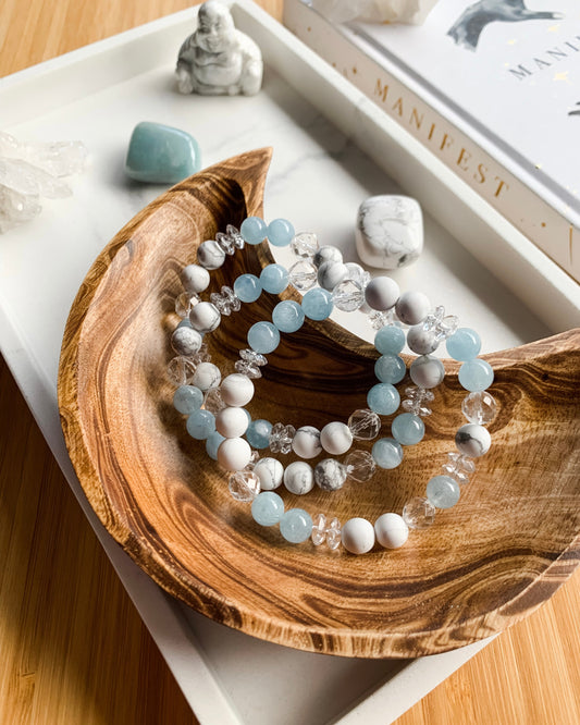 WINTER BLUES | Aquamarine, Clear Quartz + Howlite Mala Bracelet