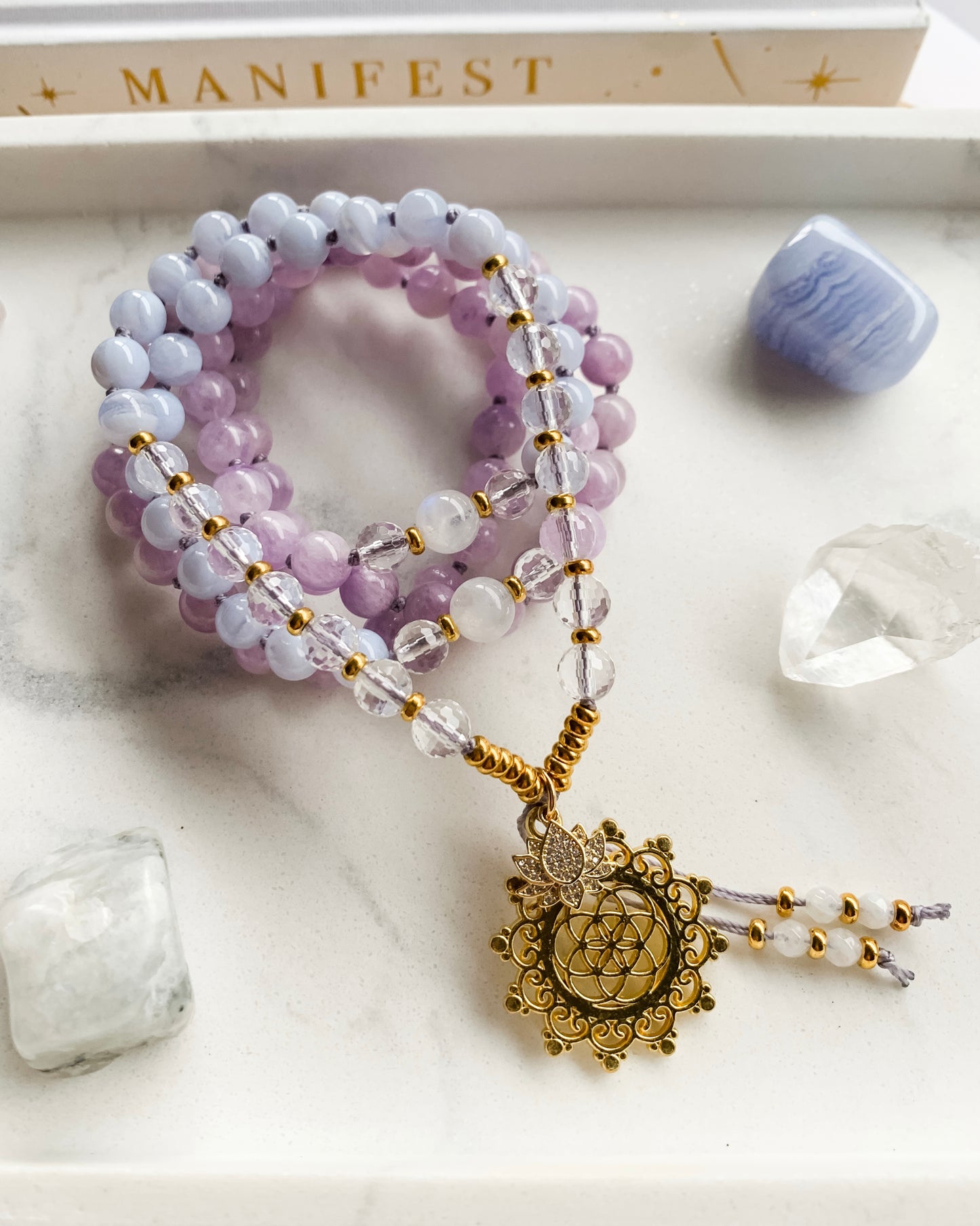 SPIRITUAL CONNECTION Mala Necklace | Amethyst, Blue Lace Agate, Clear Quartz + Rainbow Moonstone