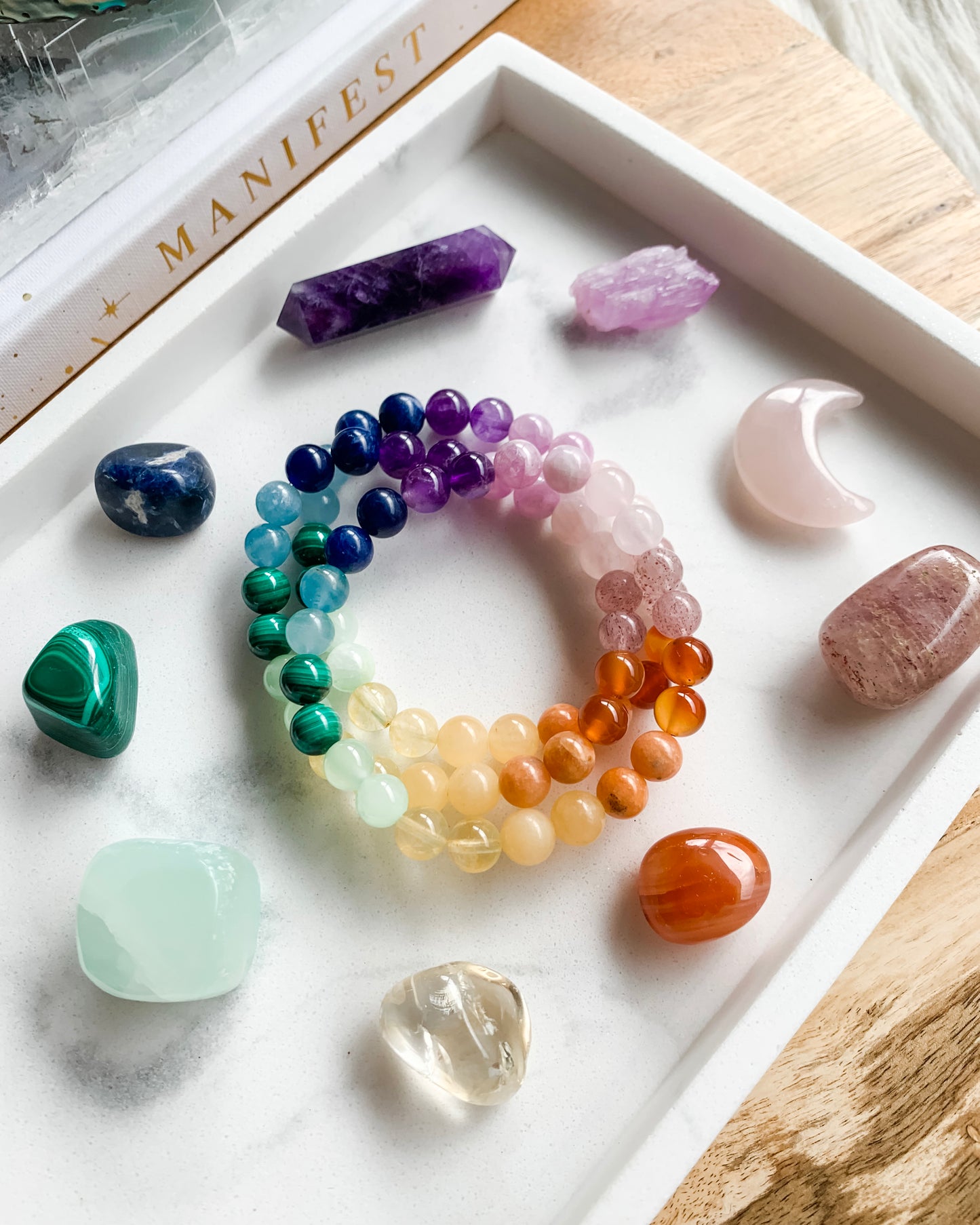 JOY + HAPPINESS Mala Bracelet | Amethyst, Blue Calcite, Carnelian, Citrine, Green Calcite, Kunzite, Malachite, Orange Calcite, Rose Quartz, Sodalite + Strawberry Quartz