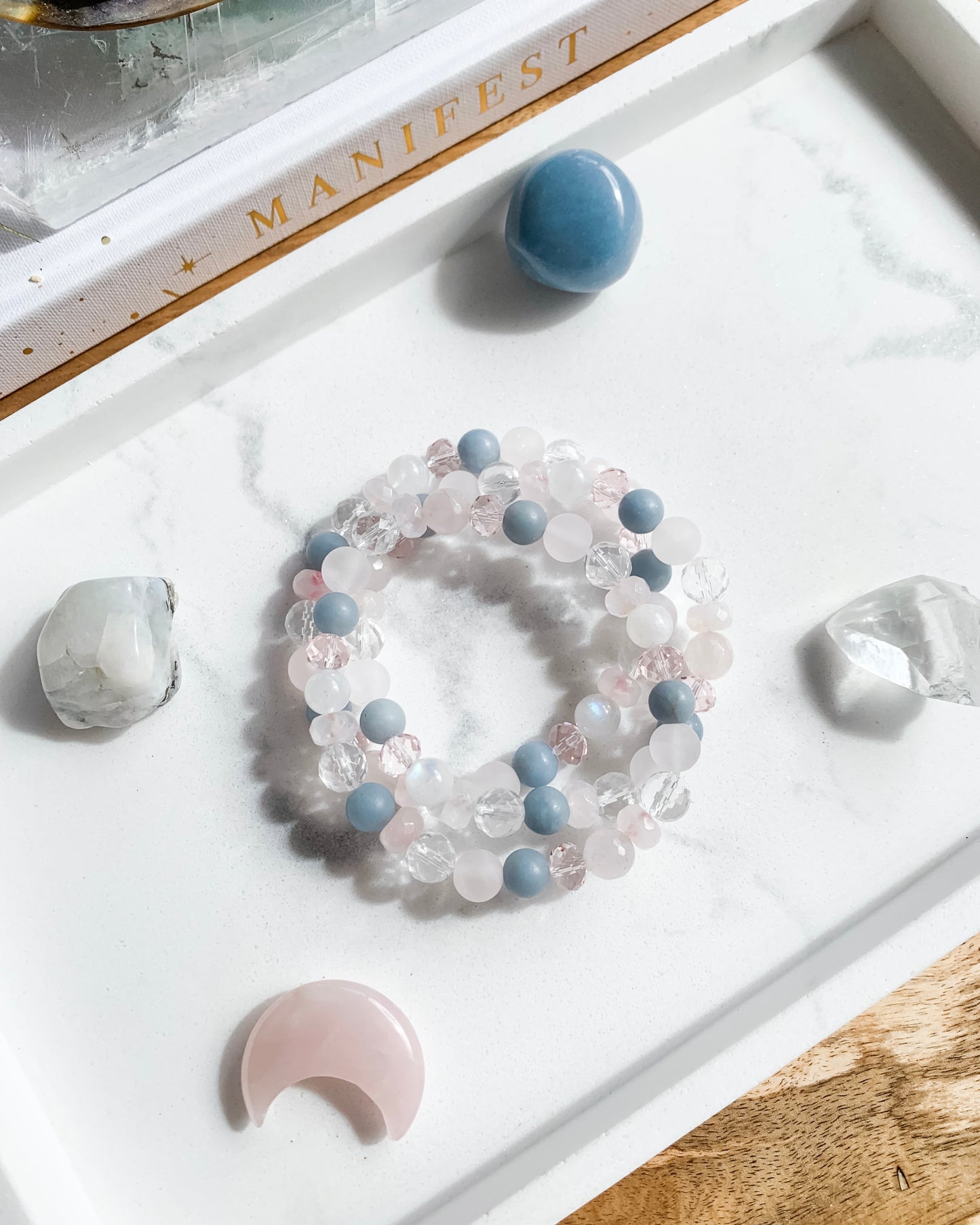 Springtime Blossom Mala Bracelet | Angelite, Clear Quartz, Rainbow Moonstone + Rose Quartz