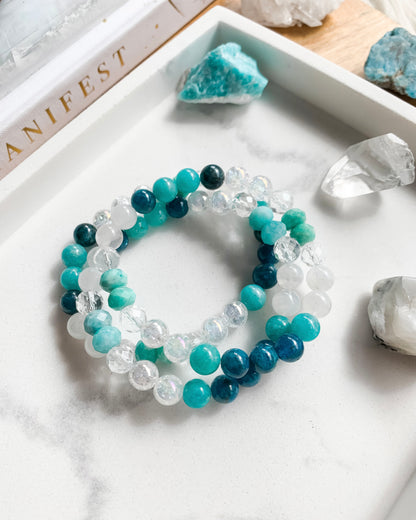 Goddess of the Sea Mala Bracelet | Amazonite, Apatite, Clear Quartz + Rainbow Moonstone