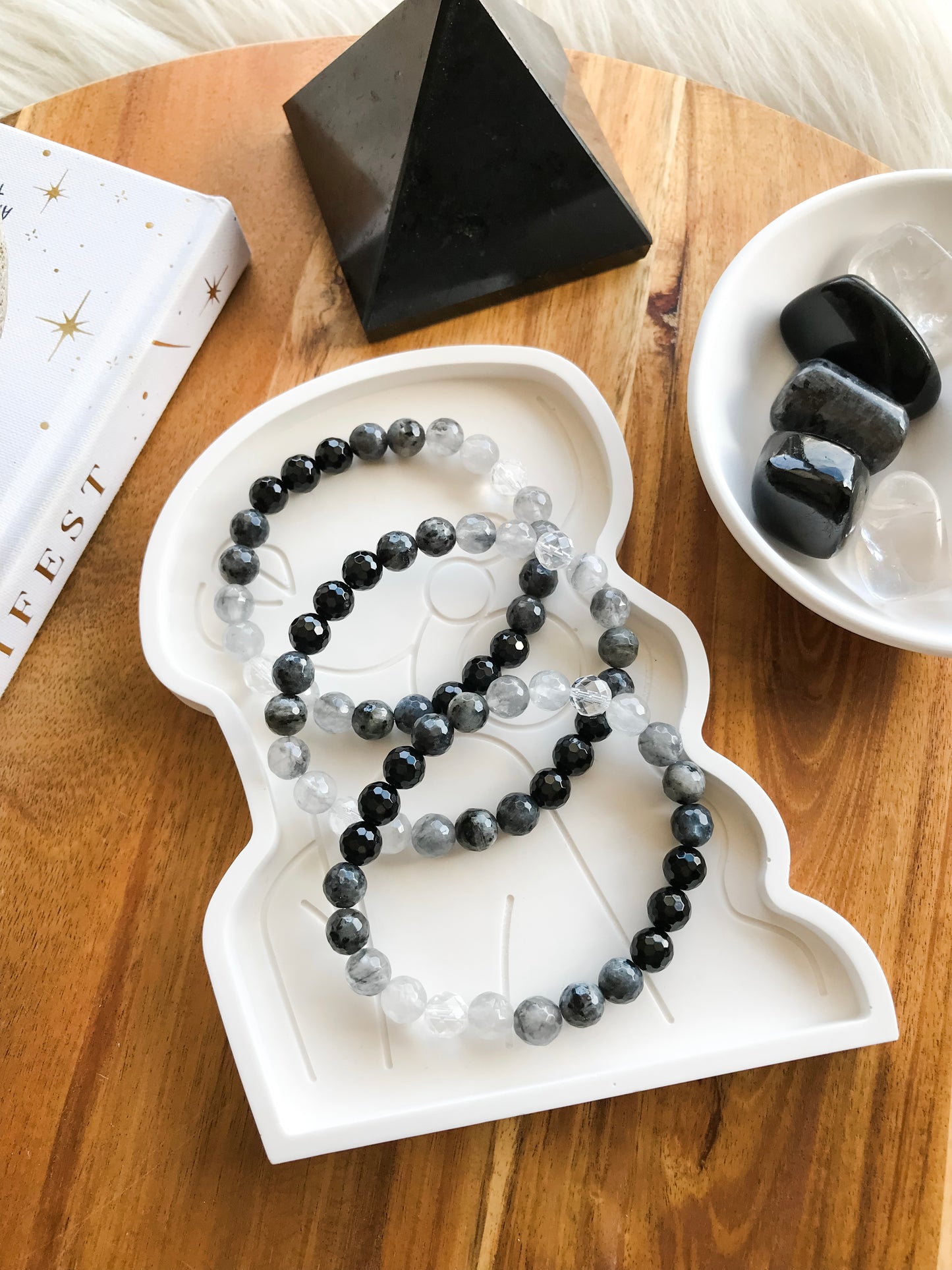 FROM THE ASHES Mala Bracelet | Black Onyx, Clear Quartz, Grey Quartz + Larvikite