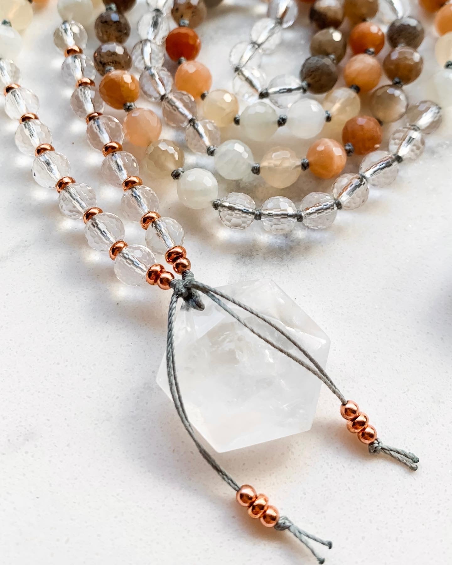 AUTUMN LEAVES Mala Necklace | Black Moonstone, Clear Quartz, Peach Moonstone + Rainbow Moonstone