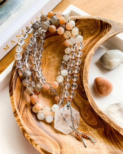 Autumn Leaves Mala Necklace | Black Moonstone, Clear Quartz, Peach Moonstone + Rainbow Moonstone