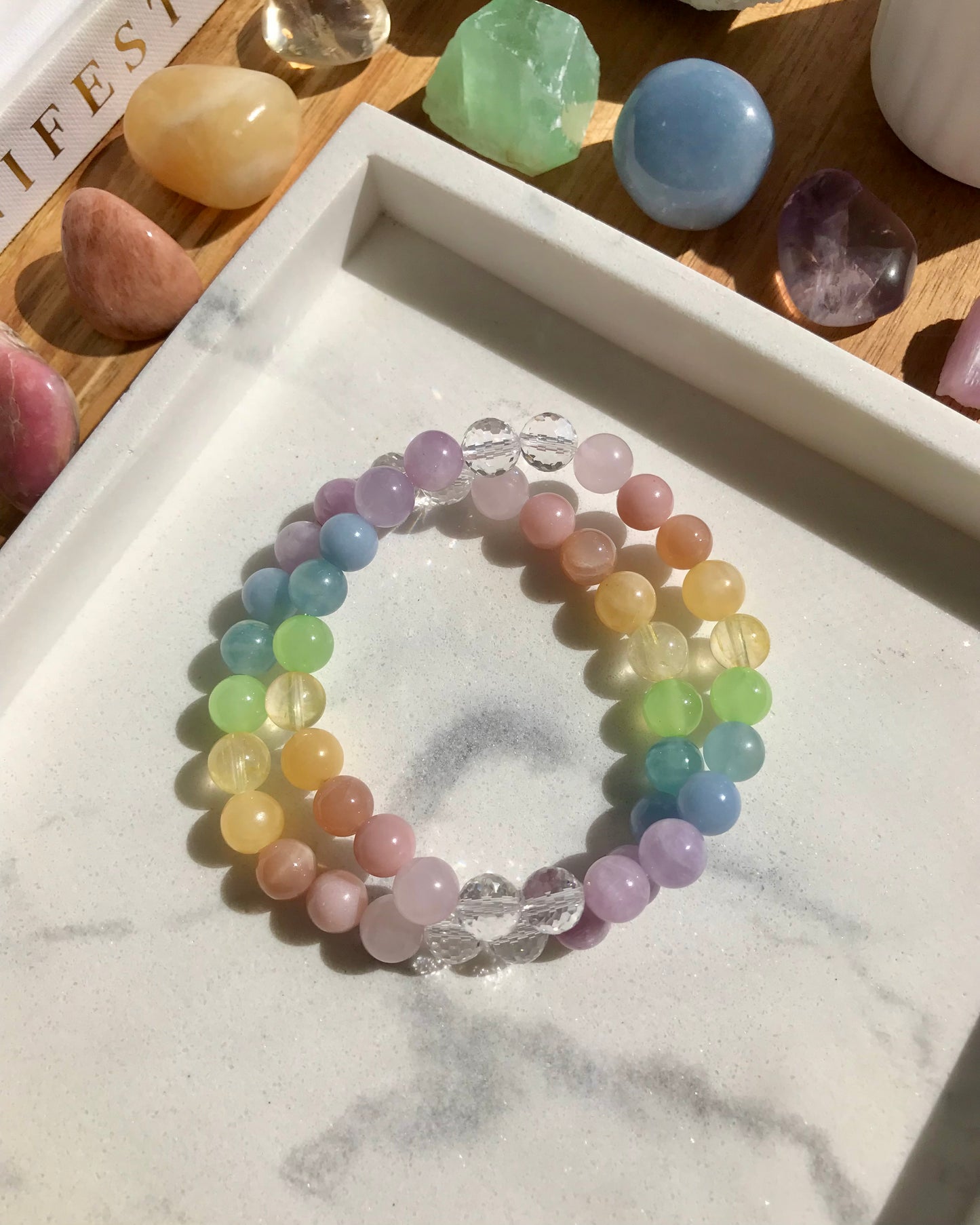 Pastel Rainbow Mala Bracelet | Amethyst, Angelite, Blue Calcite, Citrine, Clear Quartz, Green Calcite, Kunzite, Peach Moonstone, Pink Opal, Rose Quartz + Yellow Calcite