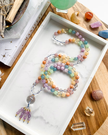 PASTEL RAINBOW Mala Necklace | Amethyst, Blue Calcite, Citrine, Clear Quartz, Green Calcite, Kunzite, Orange Calcite, Strawberry Quartz + Yellow Calcite