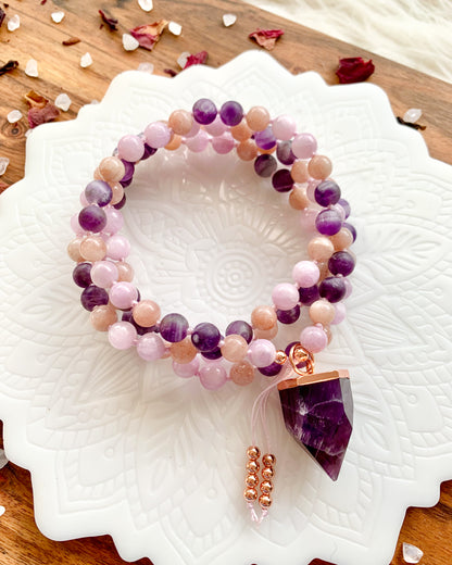 DESERT ROSE Mala Necklace | Amethyst, Kunzite + Peach Moonstone