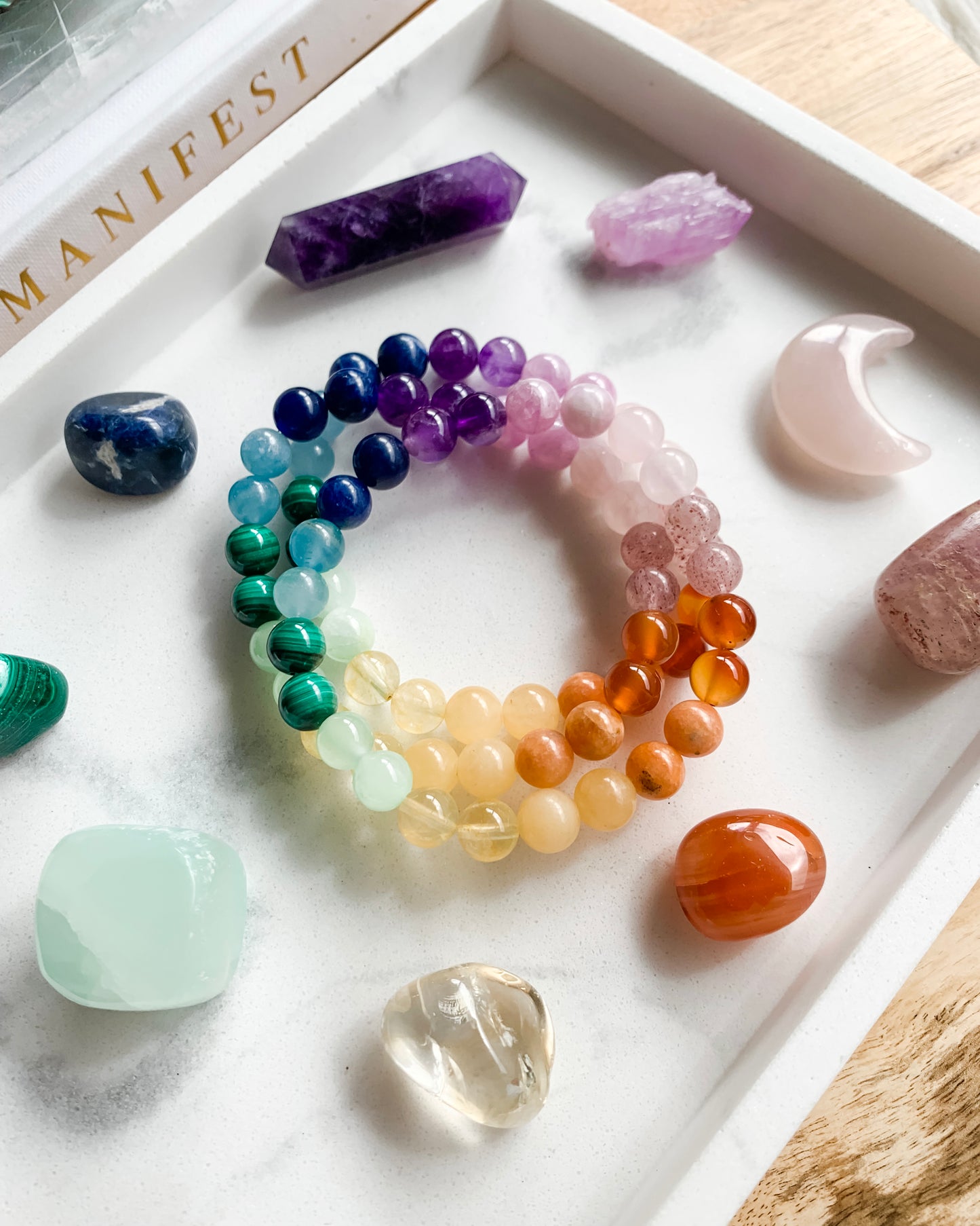 JOY + HAPPINESS Mala Bracelet | Amethyst, Blue Calcite, Carnelian, Citrine, Green Calcite, Kunzite, Malachite, Orange Calcite, Rose Quartz, Sodalite + Strawberry Quartz