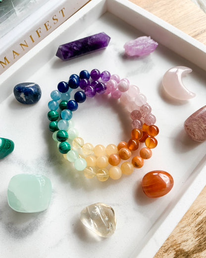 Joy + Happiness Mala Bracelet | Amethyst, Blue Calcite, Carnelian, Citrine, Green Calcite, Kunzite, Malachite, Orange Calcite, Rose Quartz, Sodalite + Strawberry Quartz