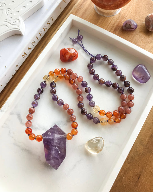 INNER FIRE | Ametrine, Carnelian, Citrine, Sunstone Quartz + Super Seven Mini Mala Necklace