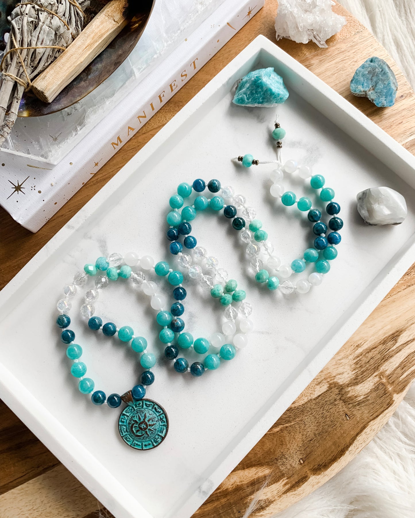 GODDESS OF THE SEA Mala Necklace | Amazonite, Apatite, Clear Quartz + Rainbow Moonstone