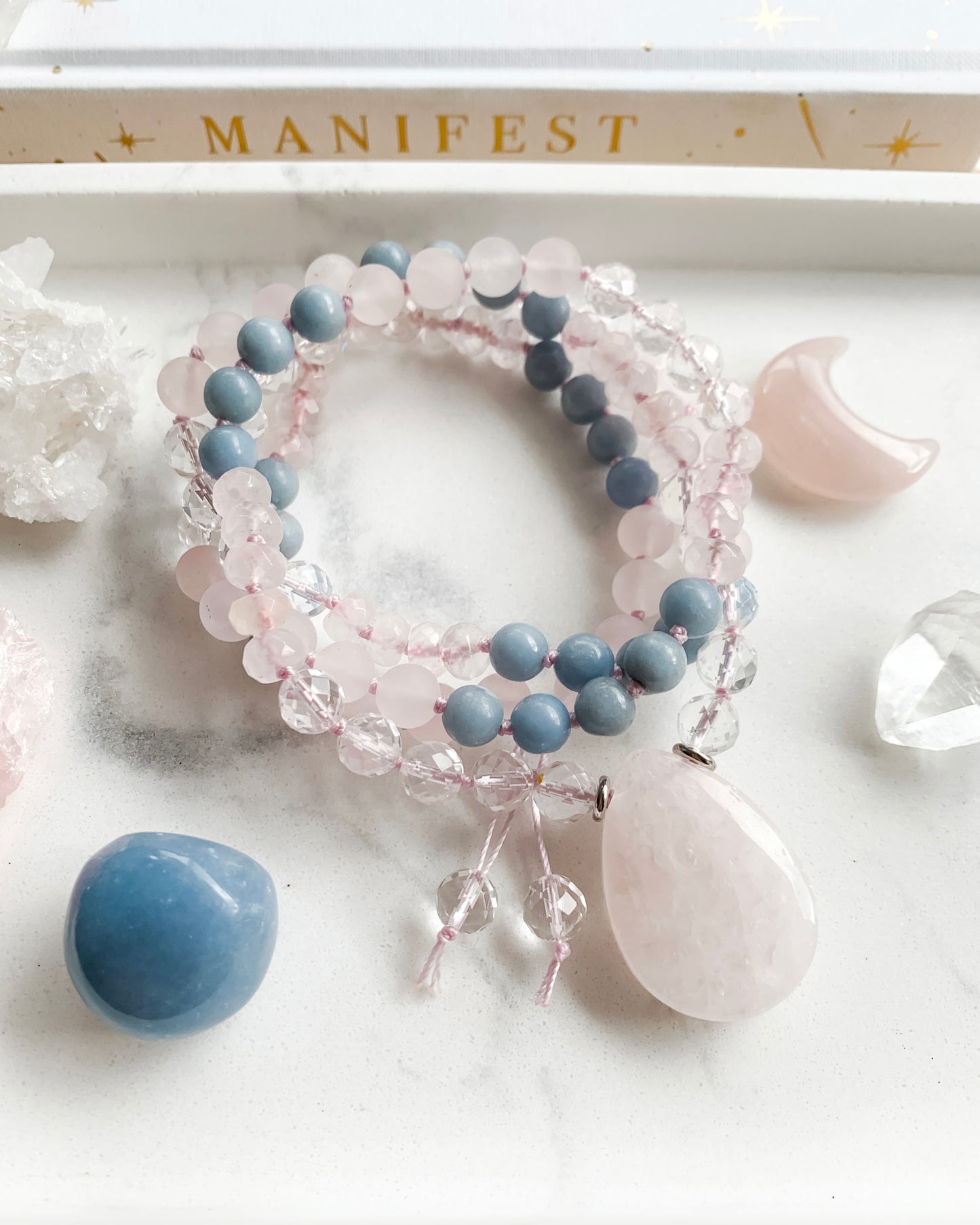 I Am Blossoming Mala Necklace | Angelite, Clear Quartz + Rose Quartz