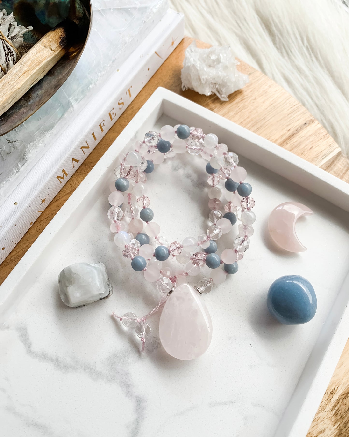 SILVER SPRINGTIME BLOSSOM Mala Necklace | Angelite, Clear Quartz, Rainbow Moonstone + Rose Quartz