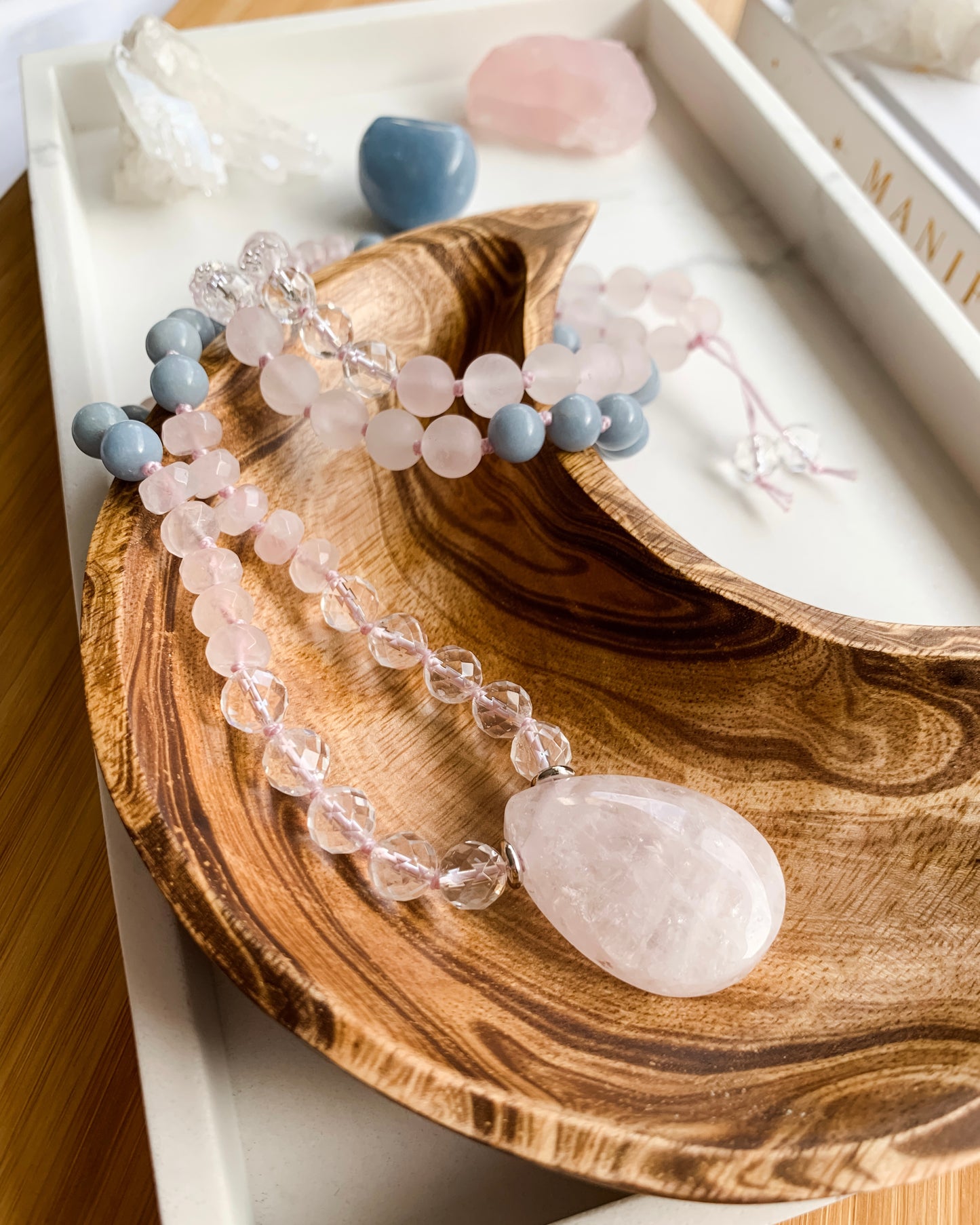 I Am Blossoming Mala Necklace | Angelite, Clear Quartz + Rose Quartz