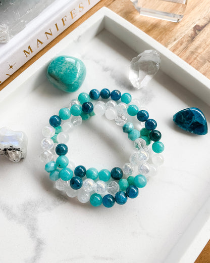 Goddess of the Sea Mala Bracelet | Amazonite, Apatite, Clear Quartz + Rainbow Moonstone