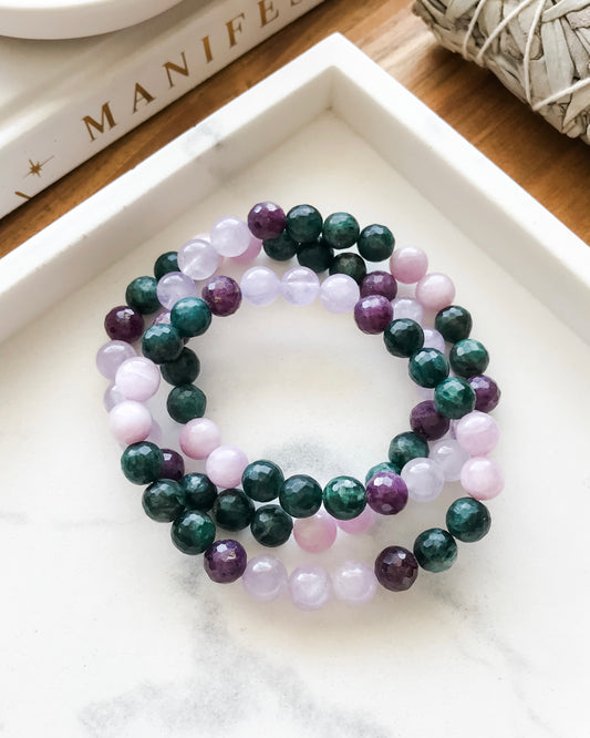 DRYAD | Amethyst, Apatite, Kunzite + Ruby Mala Bracelets