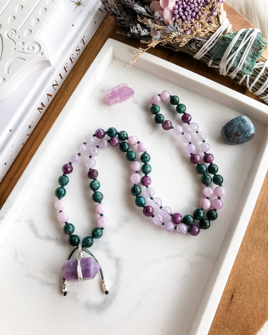 BLOSSOM Mini Mala Necklace | Amethyst, Apatite, Kunzite, Lepidolite + Ruby