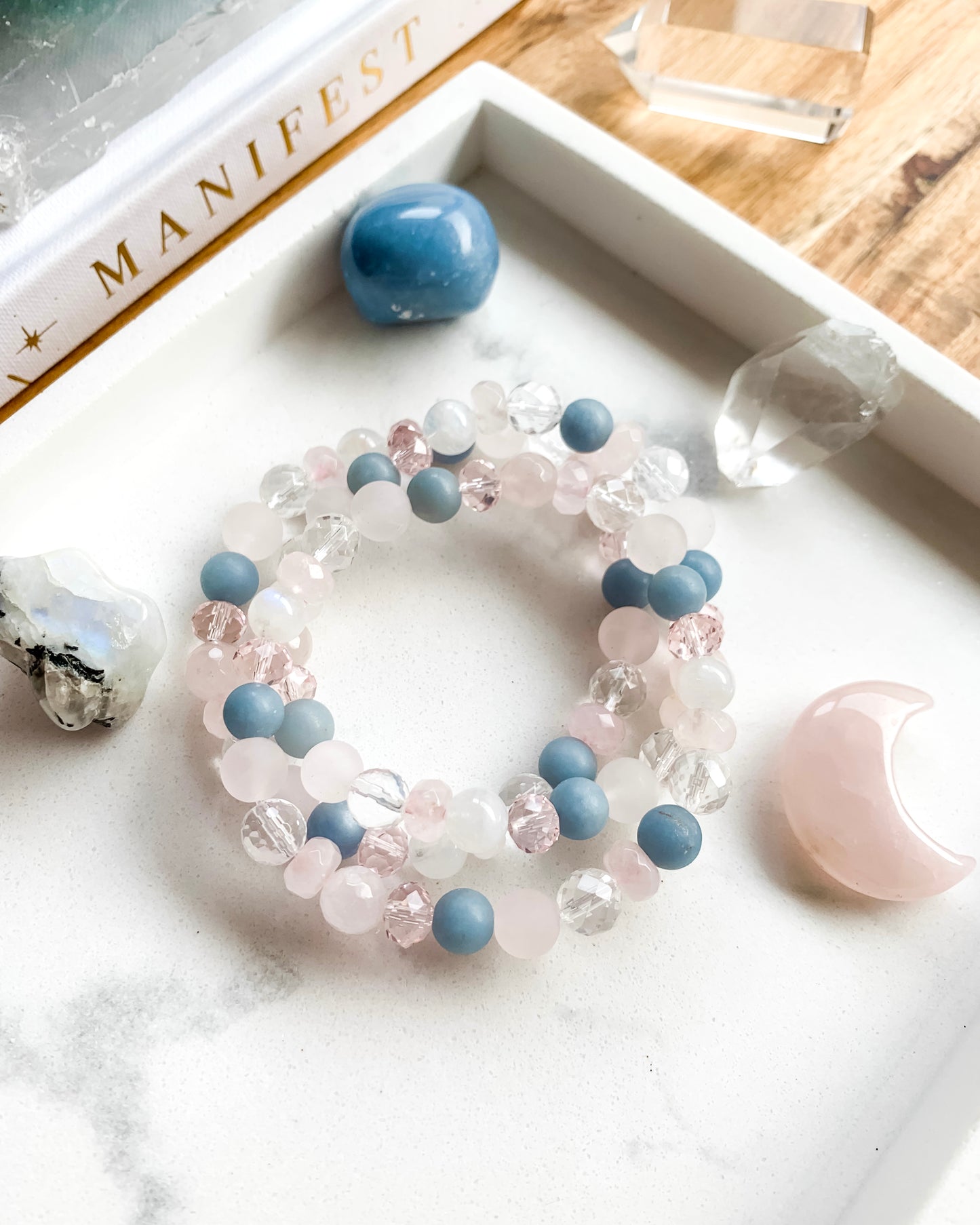 Springtime Blossom Mala Bracelet | Angelite, Clear Quartz, Rainbow Moonstone + Rose Quartz