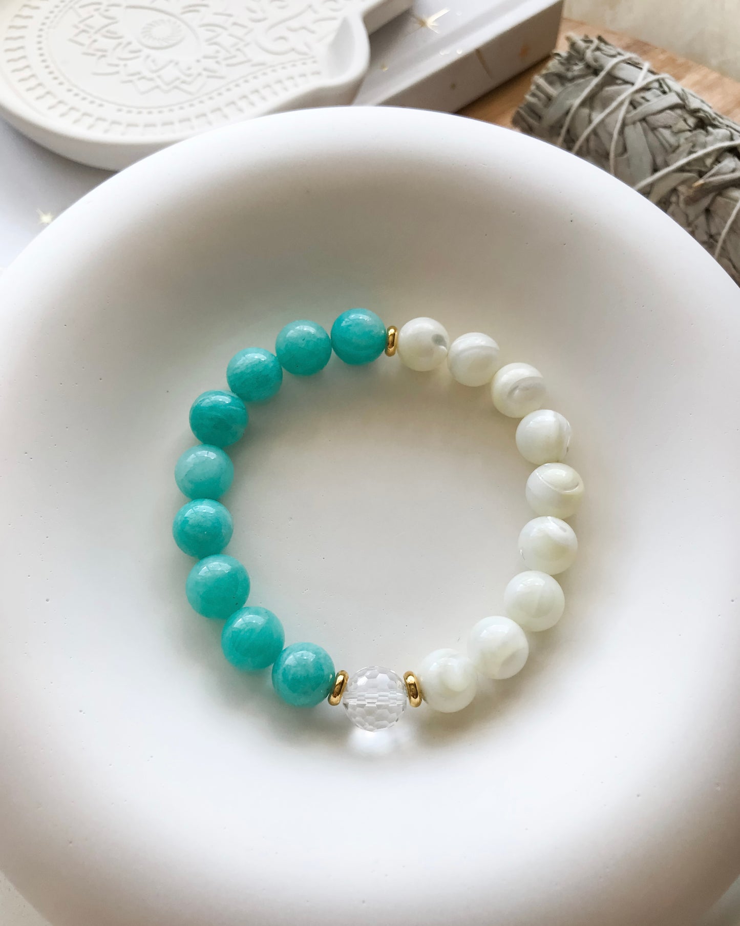 GYPSEA | Amazonite, Clear Quartz + Mother of Pearl Mala Bracelets