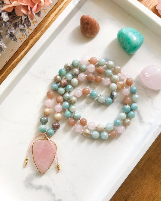 Heartfelt Communication Mini Mala Necklace | Amazonite, Peach Moonstone + Rose Quartz 72 Bead Mala