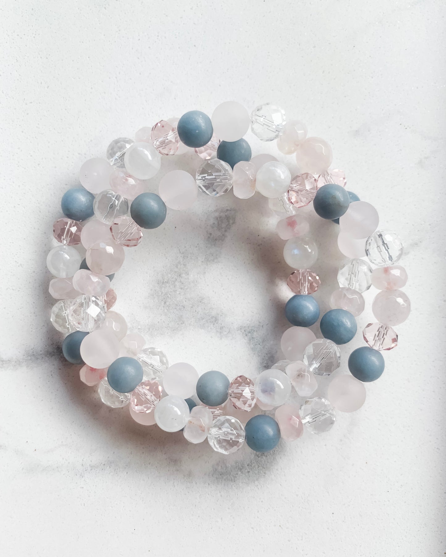 Springtime Blossom Mala Bracelet | Angelite, Clear Quartz, Rainbow Moonstone + Rose Quartz