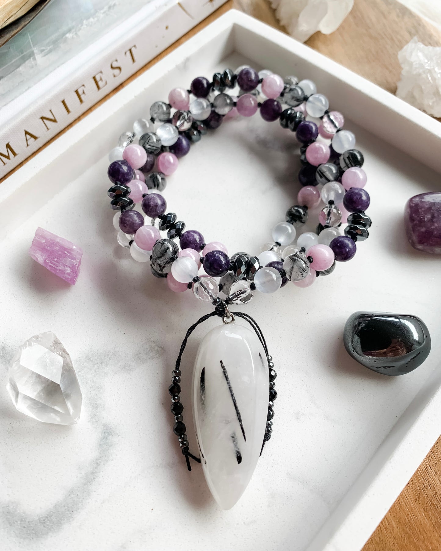 PROTECT YOUR PEACE Mala Necklace | Clear Quartz, Hematite, Kunzite, Lepidolite, Selenite + Tourmalinated Quartz