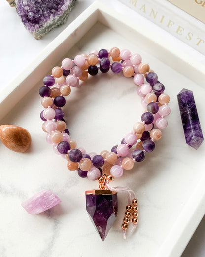 Desert Rose Mala Necklace | Amethyst, Kunzite + Peach Moonstone