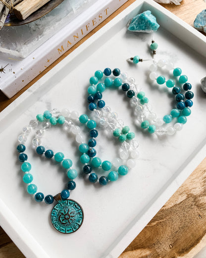 Goddess of the Sea Mala Necklace | Amazonite, Apatite, Clear Quartz + Rainbow Moonstone