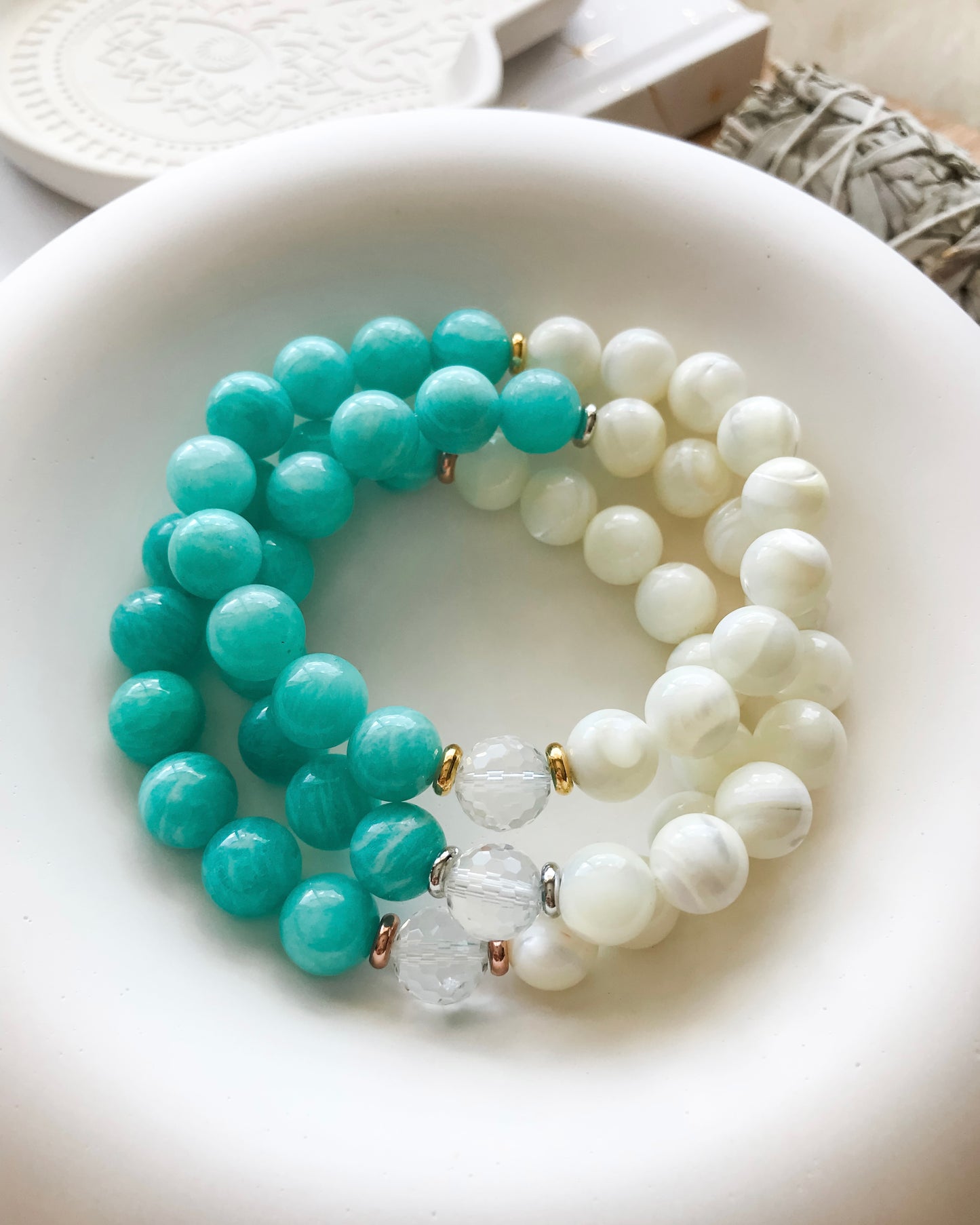 GYPSEA | Amazonite, Clear Quartz + Mother of Pearl Mala Bracelets