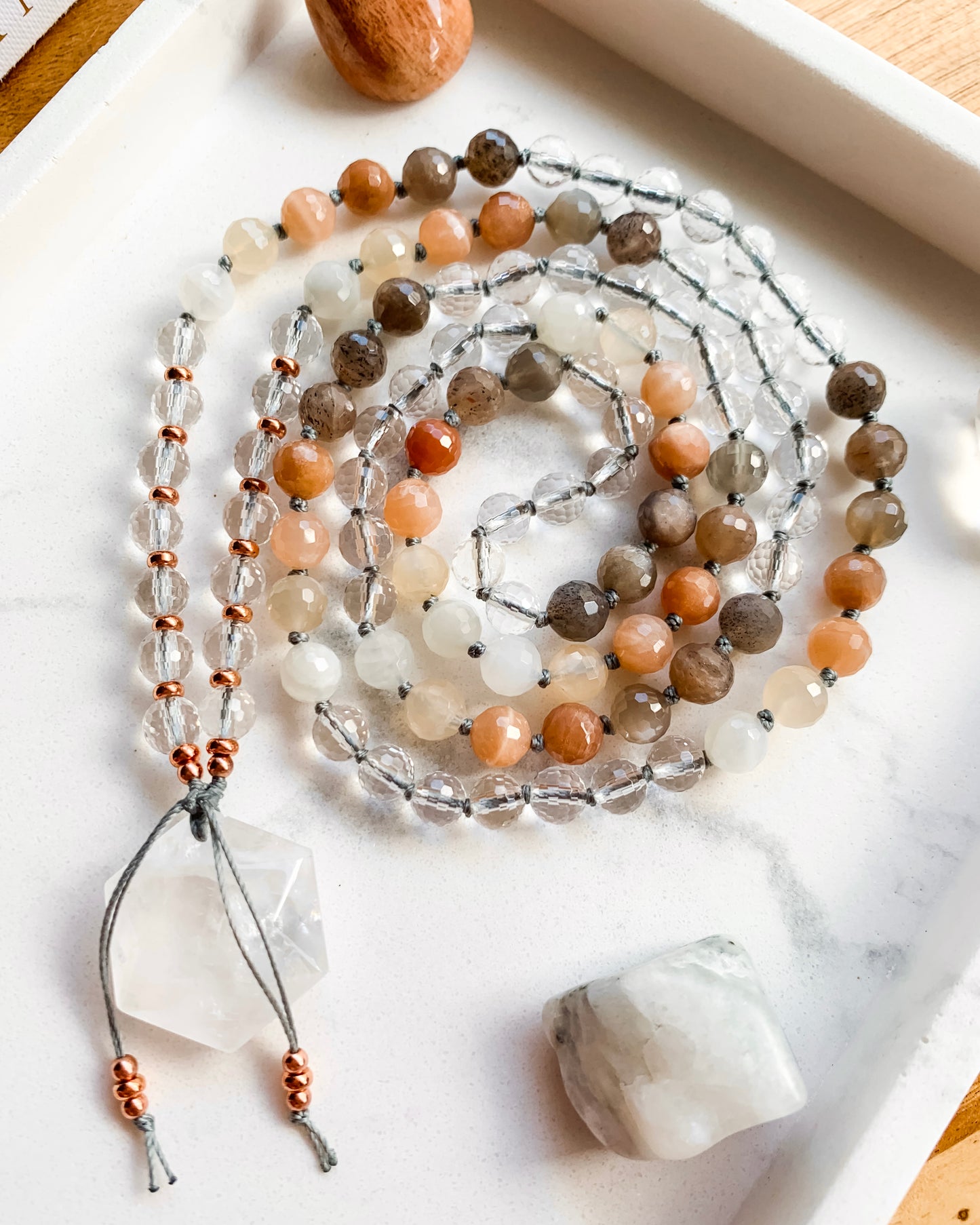 AUTUMN LEAVES Mala Necklace | Black Moonstone, Clear Quartz, Peach Moonstone + Rainbow Moonstone