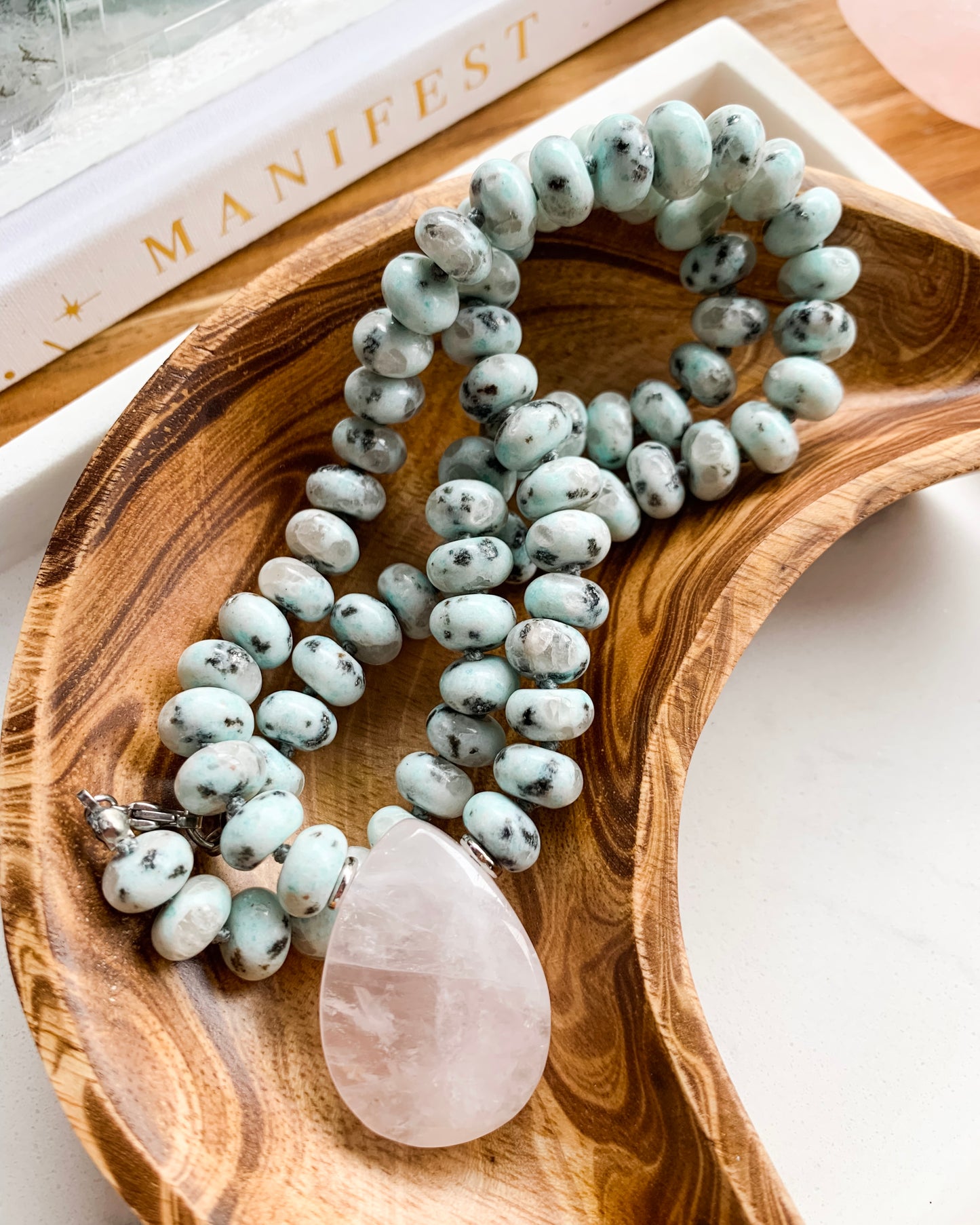 HEART HEALING Mini Mala Necklace | Kiwi Jasper + Rose Quartz 72 Bead Mala