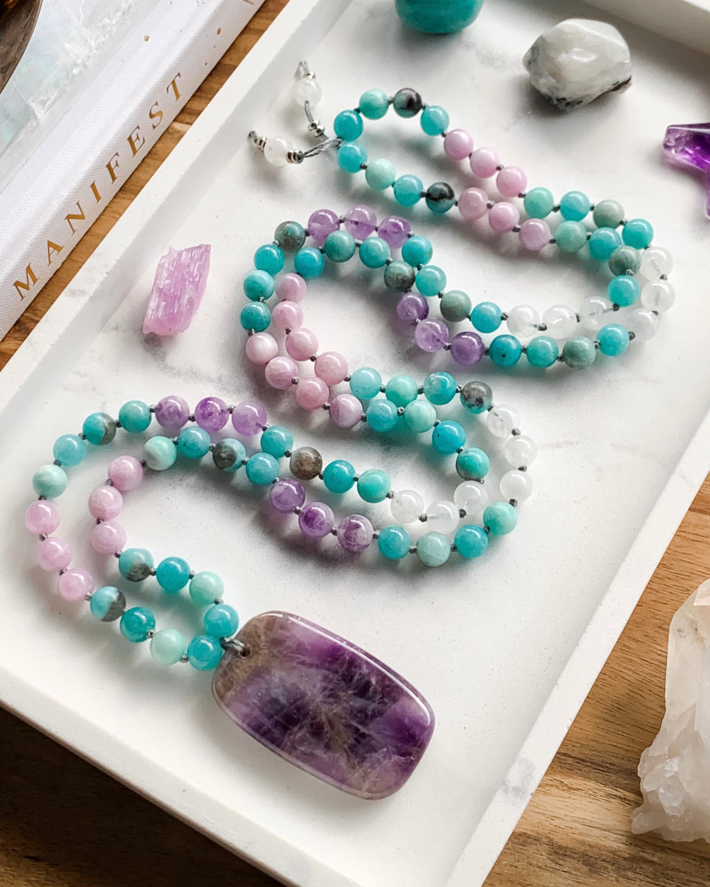 Tranquility Mala Necklace | Amazonite, Amethyst, Kunzite + Rainbow Moonstone