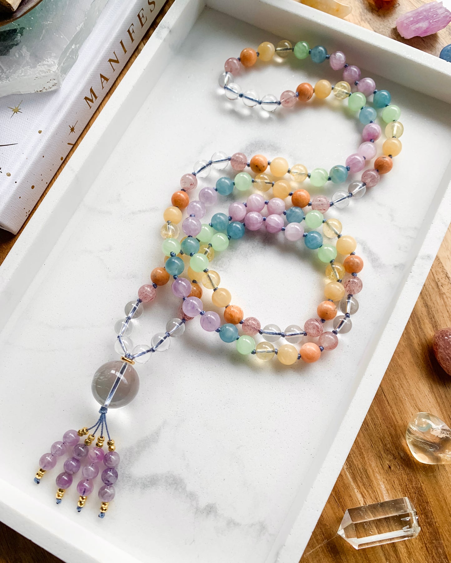 PASTEL RAINBOW Mala Necklace | Amethyst, Blue Calcite, Citrine, Clear Quartz, Green Calcite, Kunzite, Orange Calcite, Strawberry Quartz + Yellow Calcite