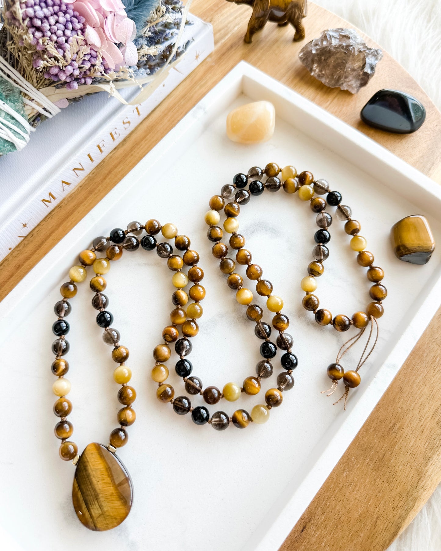 RECLAIM YOUR POWER Mala Necklace | Black Onyx, Brown Tiger Eye, Honey Tiger Eye + Smoky Quartz