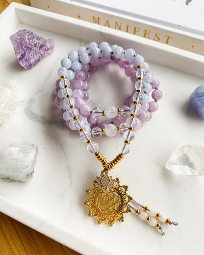 SPIRITUAL CONNECTION Mala Necklace | Amethyst, Blue Lace Agate, Clear Quartz + Rainbow Moonstone