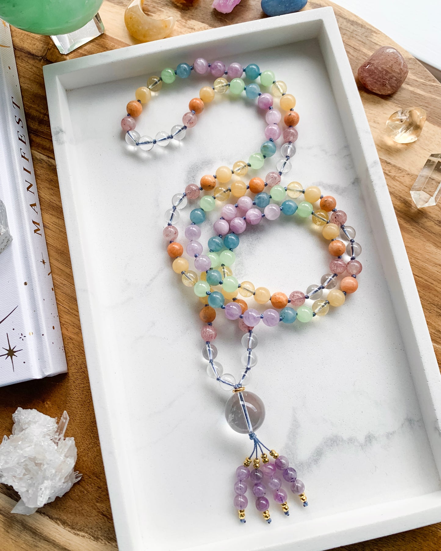 PASTEL RAINBOW Mala Necklace | Amethyst, Blue Calcite, Citrine, Clear Quartz, Green Calcite, Kunzite, Orange Calcite, Strawberry Quartz + Yellow Calcite