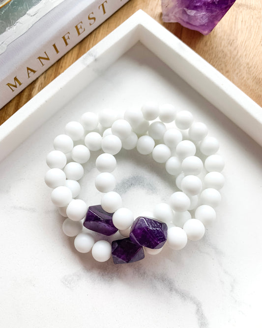 PURE PEACE Mala Bracelet | Amethyst + White Onyx