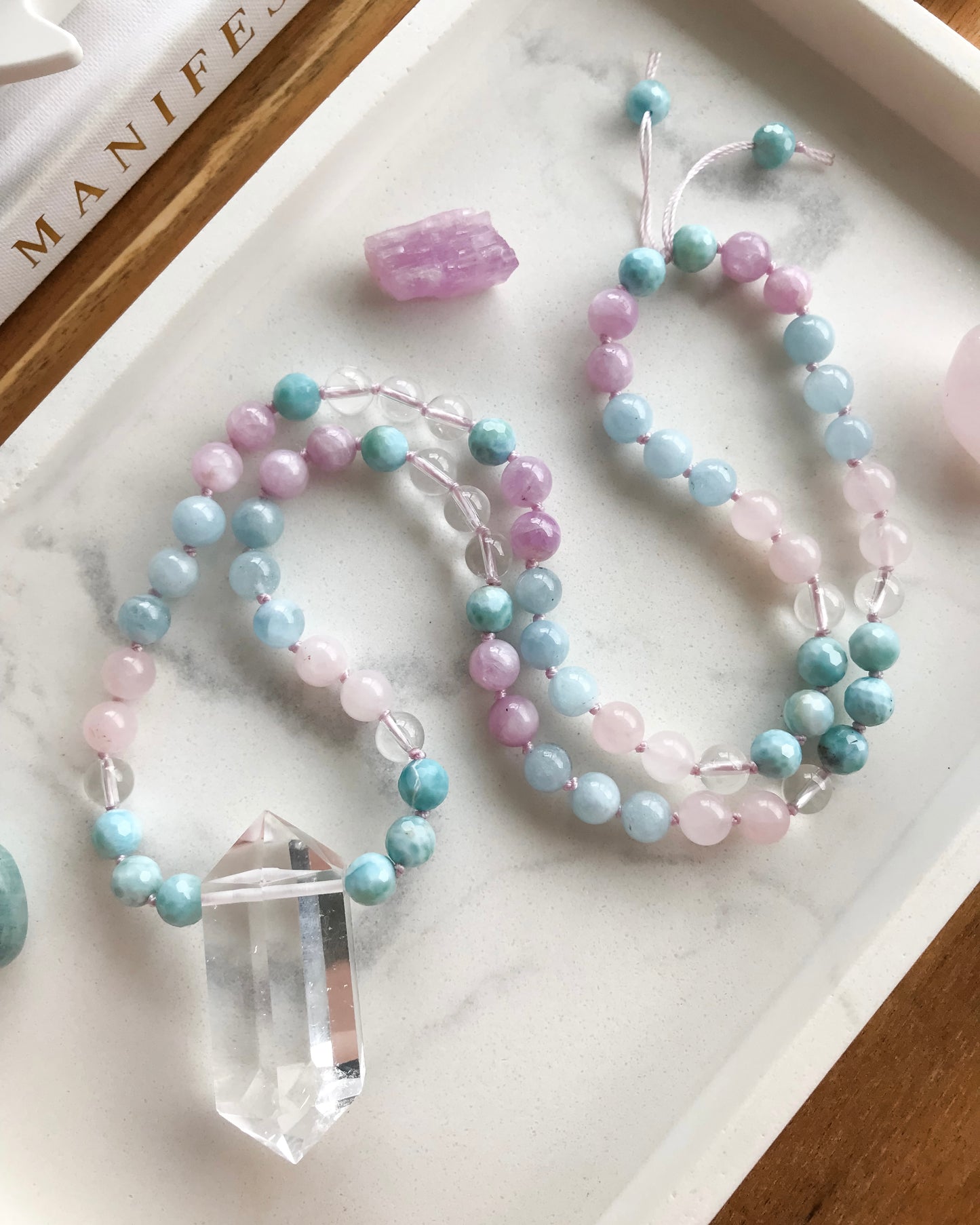 WORK YOUR LIGHT | Aquamarine, Clear Quartz, Kunzite, Larimar + Rose Quartz Mini Mala Necklace