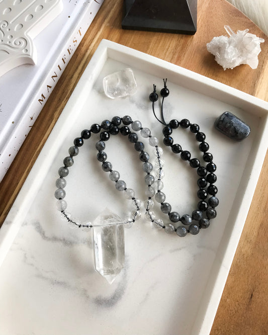 FROM THE ASHES Mini Mala Necklace | Black Onyx, Clear Quartz, Grey Quartz + Larvikite