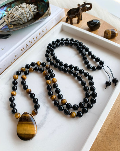 Courage + Strength Mala Necklace | Onyx + Brown Tiger Eye