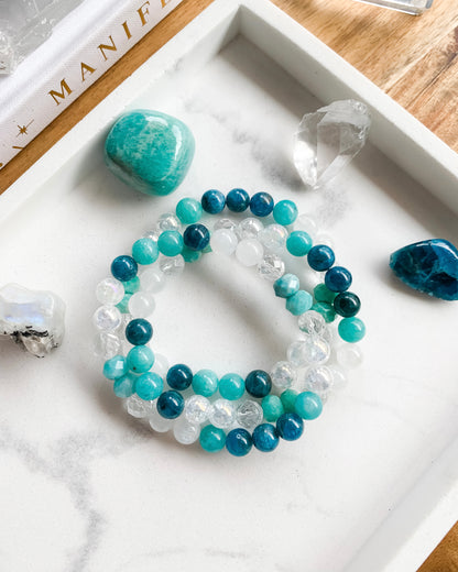 Goddess of the Sea Mala Bracelet | Amazonite, Apatite, Clear Quartz + Rainbow Moonstone