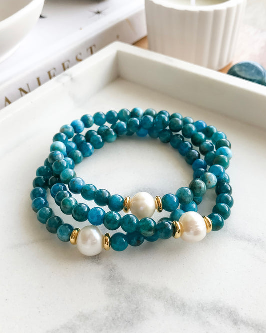 ATLANTIS | Freshwater Pearl + Blue Apatite Mala Bracelet