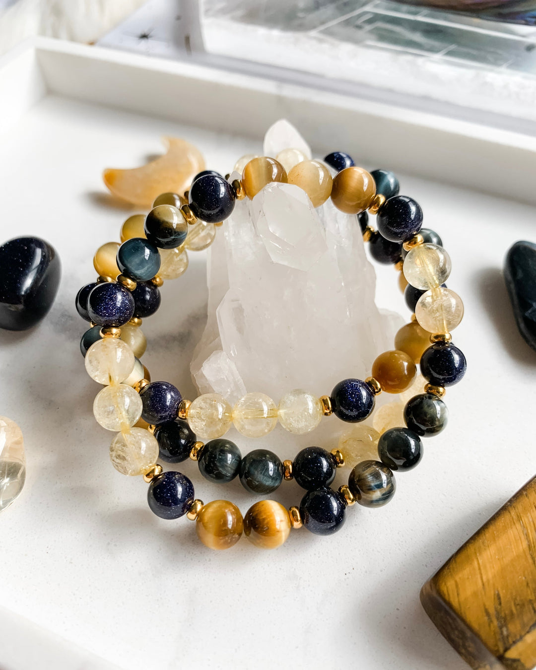 UNLEASH YOUR POTENTIAL | Blue Goldstone, Blue Tiger Eye, Citrine + Honey Tiger Eye Mala Bracelet