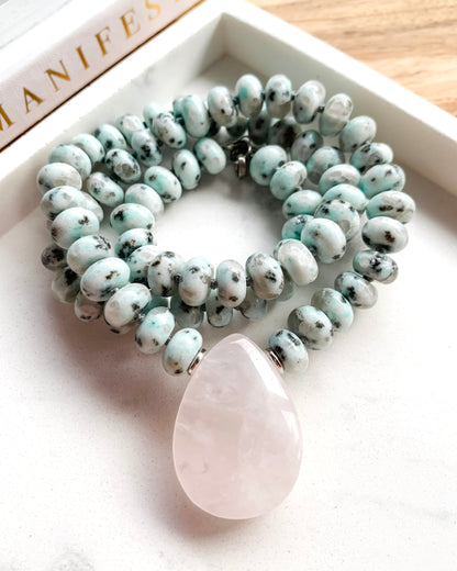 HEART HEALING Mini Mala Necklace | Kiwi Jasper + Rose Quartz 72 Bead Mala