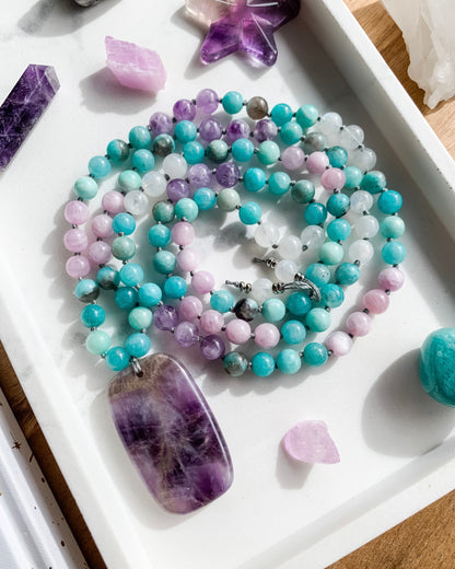 TRANQUILITY Mala Necklace | Amazonite, Amethyst, Kunzite + Rainbow Moonstone