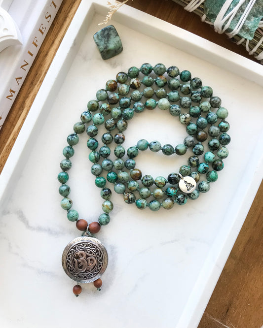 EMBRACING CHANGE | African Turquoise + Sandalwood Mala Necklace