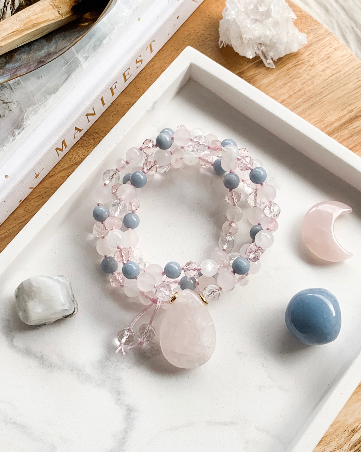 Springtime Blossom (Gold) Mala Necklace | Angelite, Clear Quartz, Rainbow Moonstone + Rose Quartz