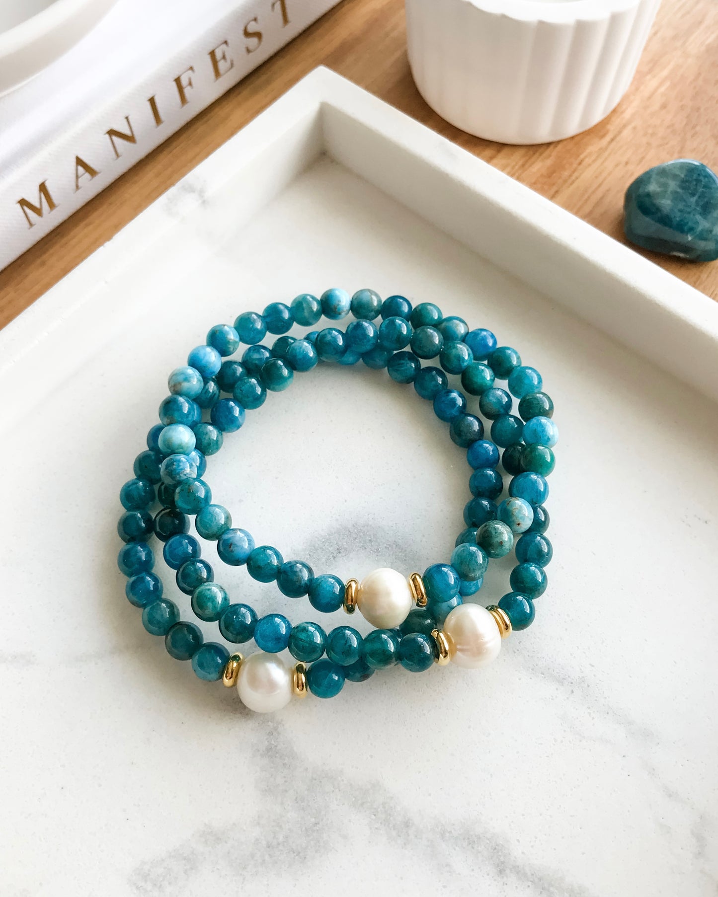 Atlantis Mala Bracelet | Freshwater Pearl + Blue Apatite