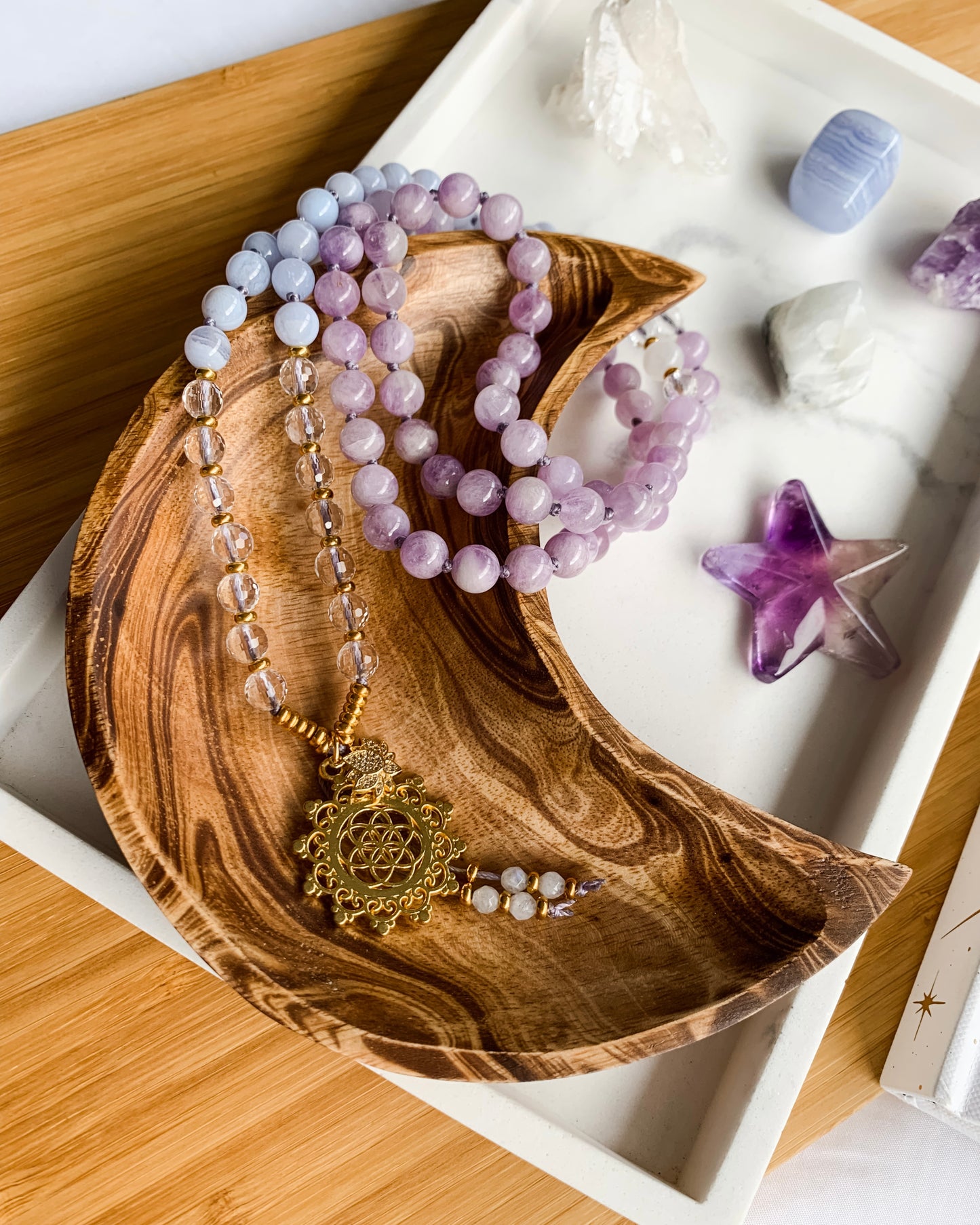 SPIRITUAL CONNECTION Mala Necklace | Amethyst, Blue Lace Agate, Clear Quartz + Rainbow Moonstone